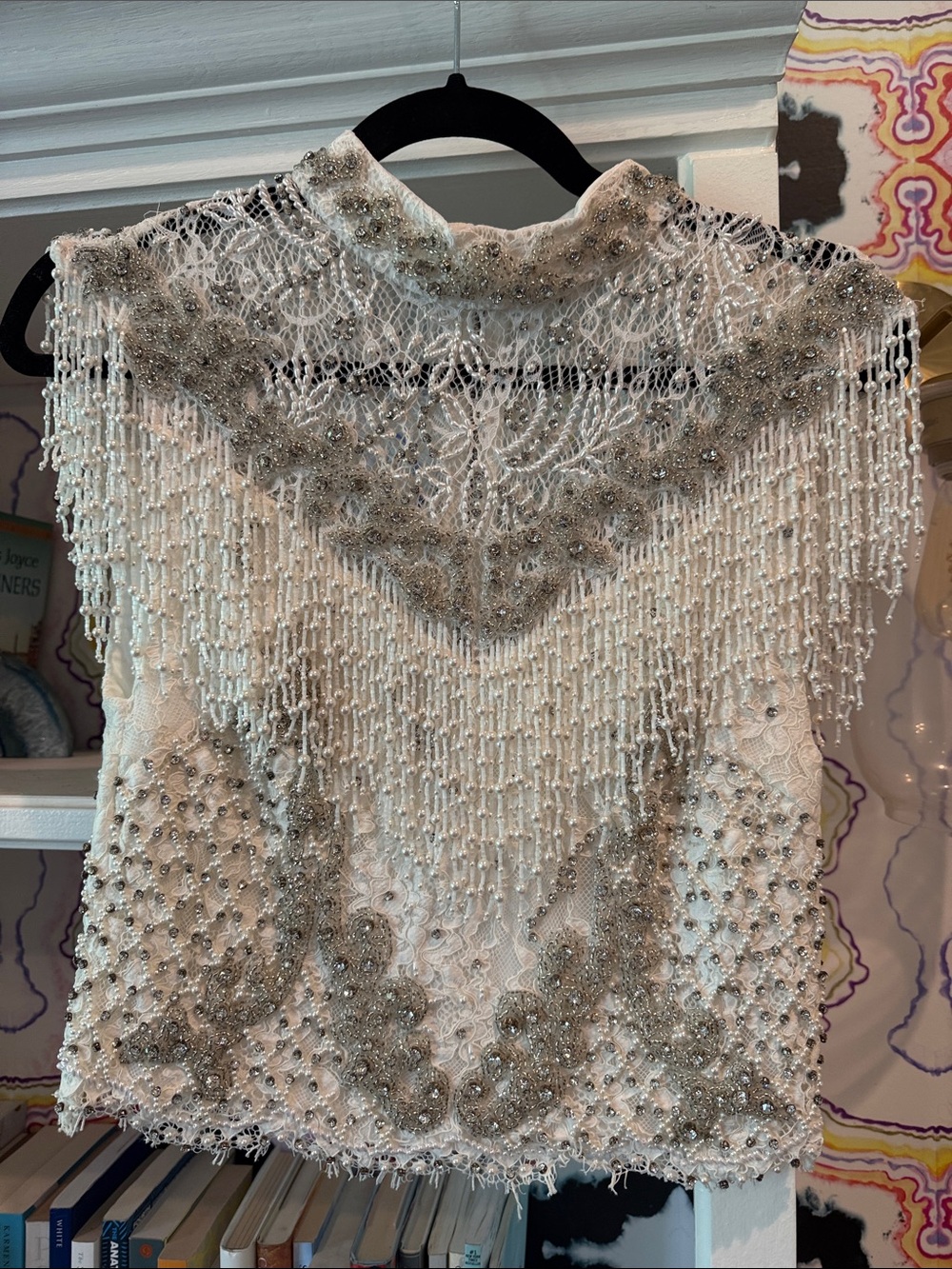Alice + Olivia Ivory Beaded Fringe High Neck Tank